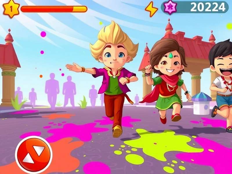 Holi Champion Runner gameplay screenshot showing colorful characters running through Holi celebrations